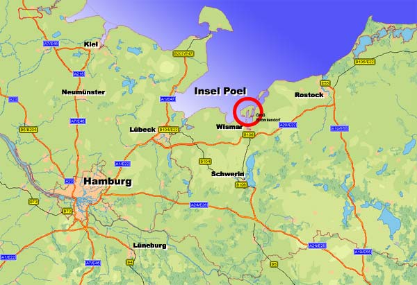 Anfahrtsweg auf die Insel Poel. Die Insel Poel liegt an der Ostsee im Bundesland Mecklenburg Vorpommern, bei Wismar in Gro Strmkendorf geht es auf die Ostseeinsel.